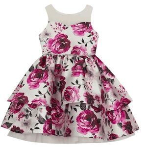 Rare Editions Girls 3T Pink Floral Layered Dress Mesh Yoke & Rhinestone Waist